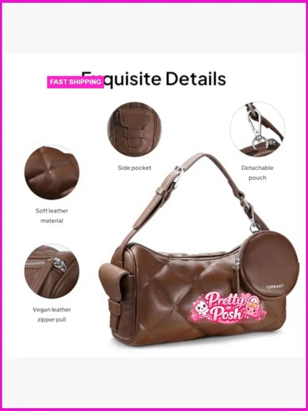 Vegan Leather Crossbody Bag Quilted Hobo Purse Adjustable Strap